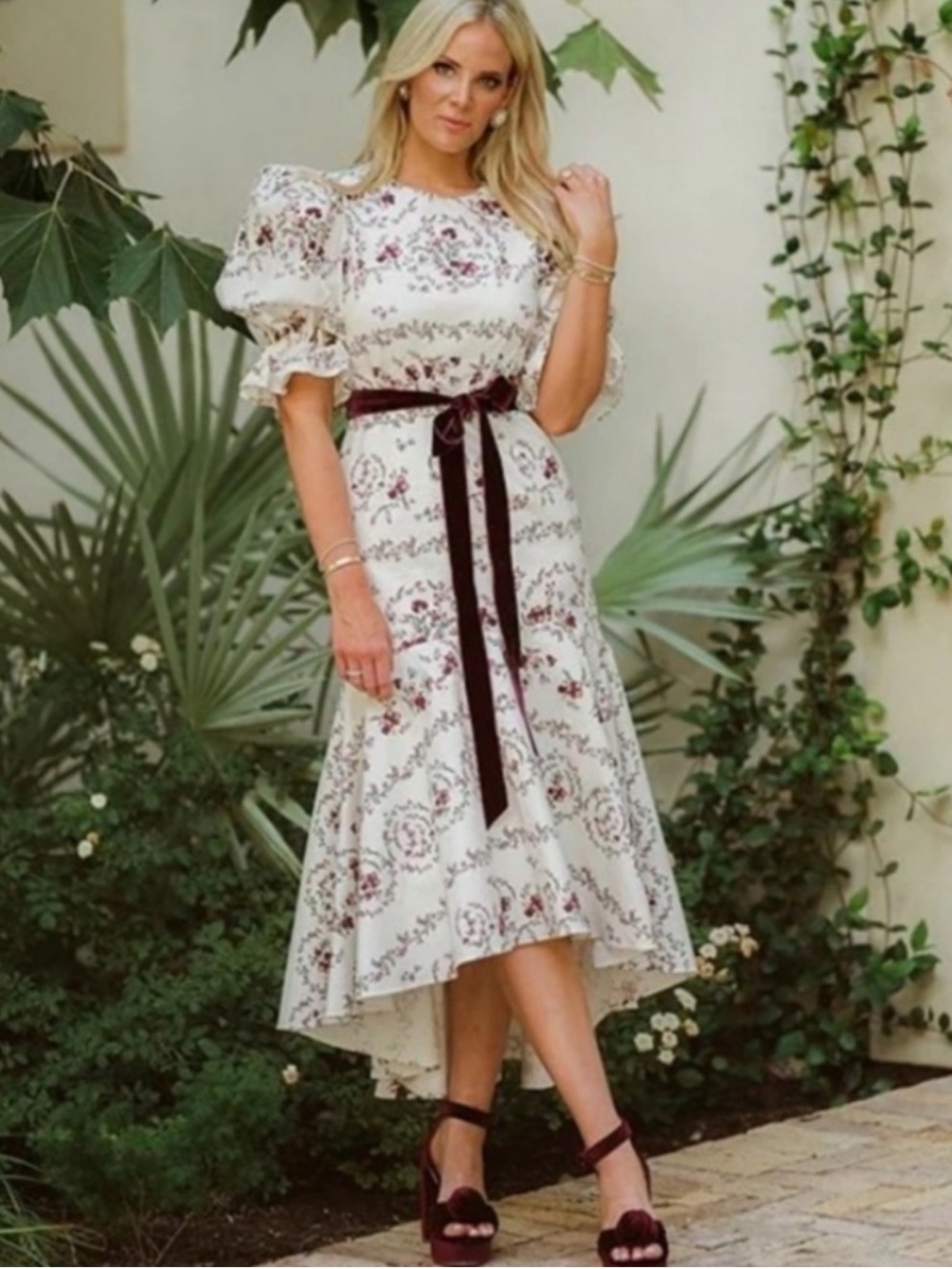ANTONIO MELANI Ivory Floral High-Low Dress with Burgundy Belt